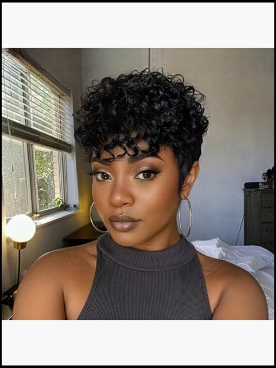 Short Layered Curly Human Hair Wig with Bangs Lightweight Full Density Glueless main image 5